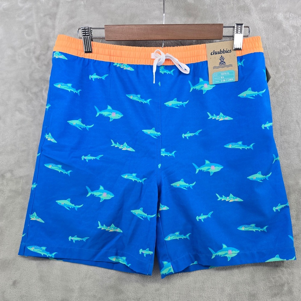 Chubbies Swim Trunks Kids Youth XL Blue Shark Print Magic Classic Lined